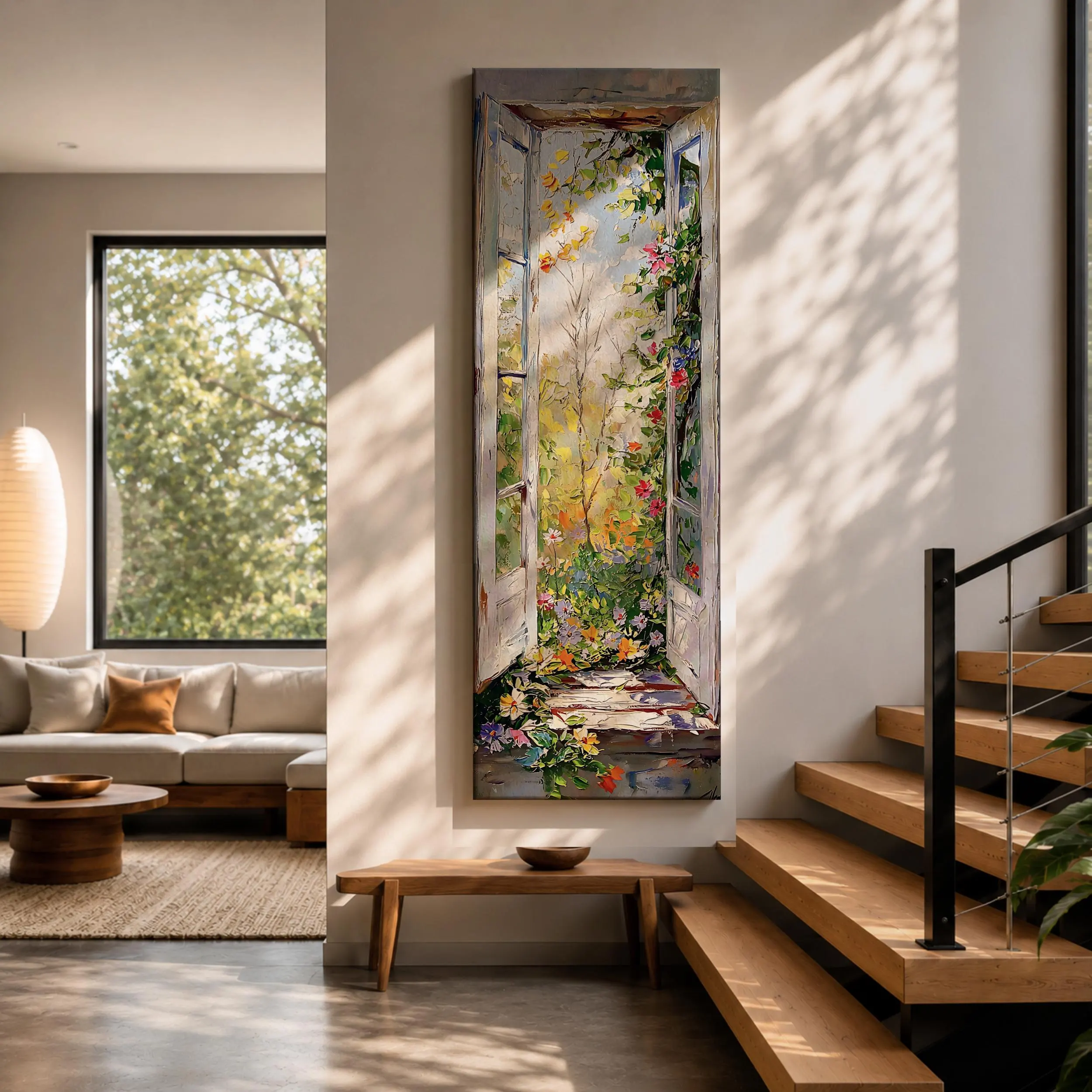 Hotel lounge with tall windows and a hung canvas